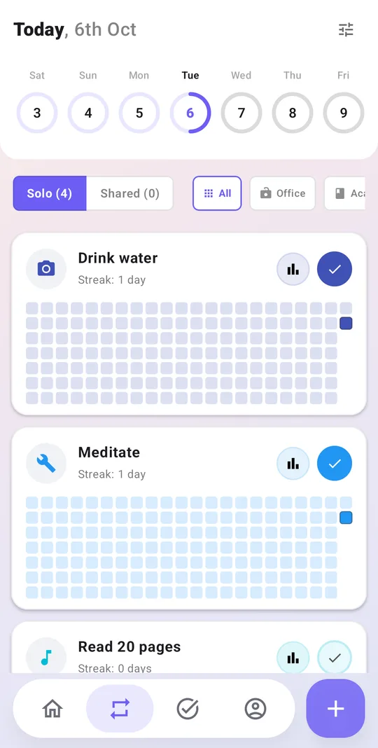 Triangle habit cards with streak heatmaps
