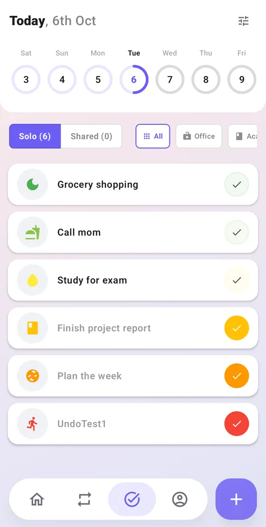 Triangle task list with a week of progress rings