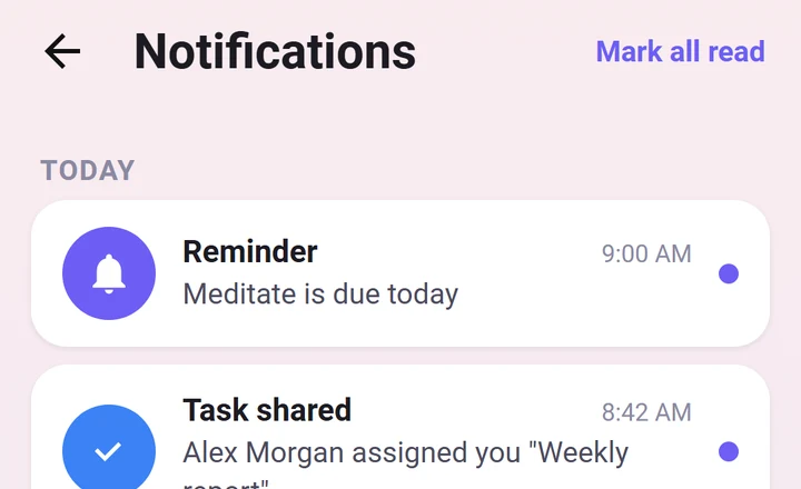 Triangle notifications for reminders, shared tasks and messages (sample data)
