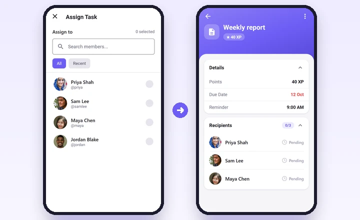 Assigning a task to three friends, the recipients list filling in as each one finishes, and the completion alerts (sample data)