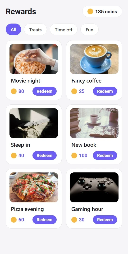 Rewards store with photos and prices in coins