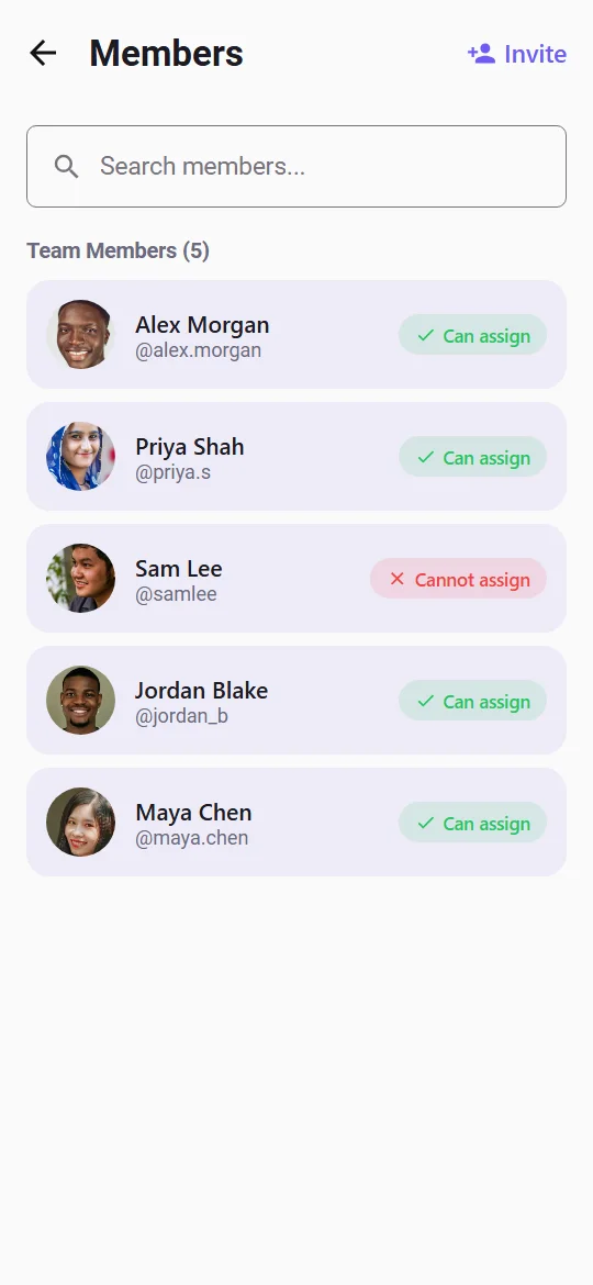 Members screen listing friends with who can assign tasks (sample data)