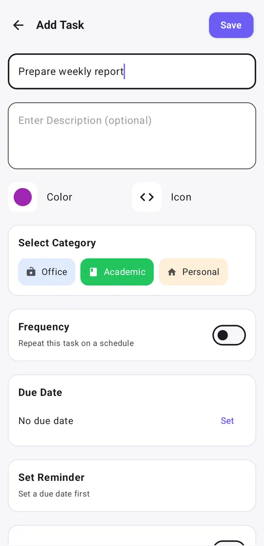 Add task screen with title, colour, category and due date