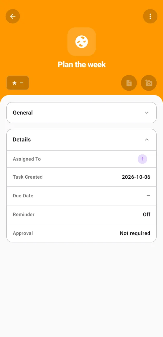 Task detail screen with assignee, due date and reminder