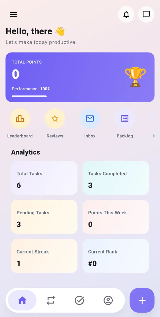 Home dashboard with points, shortcuts and analytics