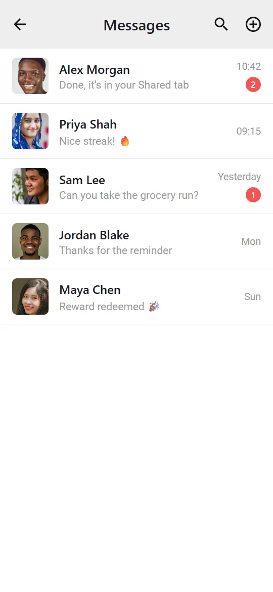 Messages list with recent conversations and unread badges (sample data)
