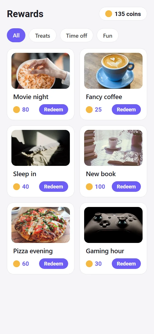 Rewards store with prices in coins (sample data)