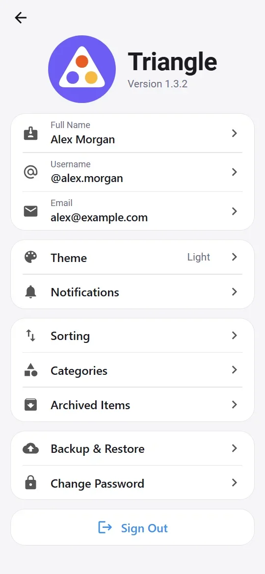Full Settings screen with the Triangle logo, account details, theme, notifications and backup