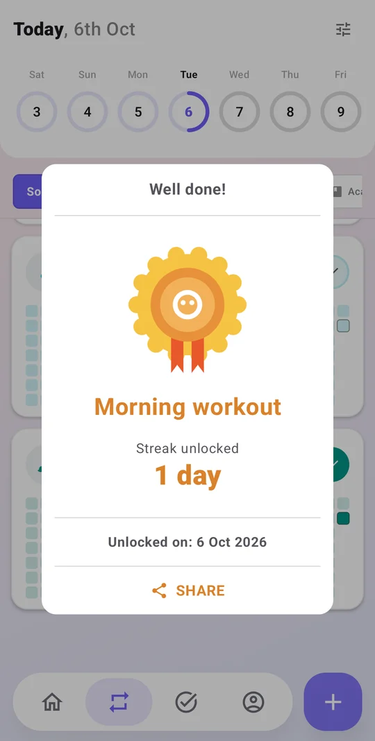 Streak unlocked celebration with a gold badge, habit name and unlock date